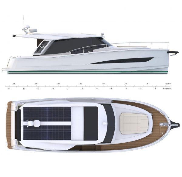 A Modern Fast Motor Cruiser. Here you see a graph showing the Greenline 39 twice. One full-length side view and one full-length bird's-eye view.