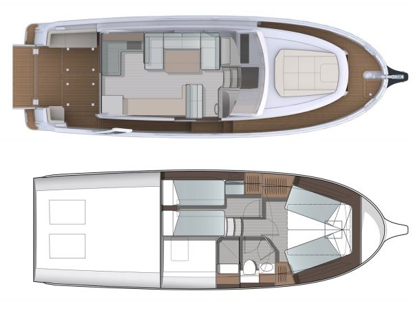 A Modern Fast Cruiser. Here you see a graph showing the Greenline 39 twice from a bird's-eye view. A cross section is shown to show the division of the interior.