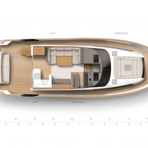 You see a graph showing the Greenline 48 Fly from a bird's-eye view. A cross section is shown to show a Option of the division regarding to the interior of the Boat.