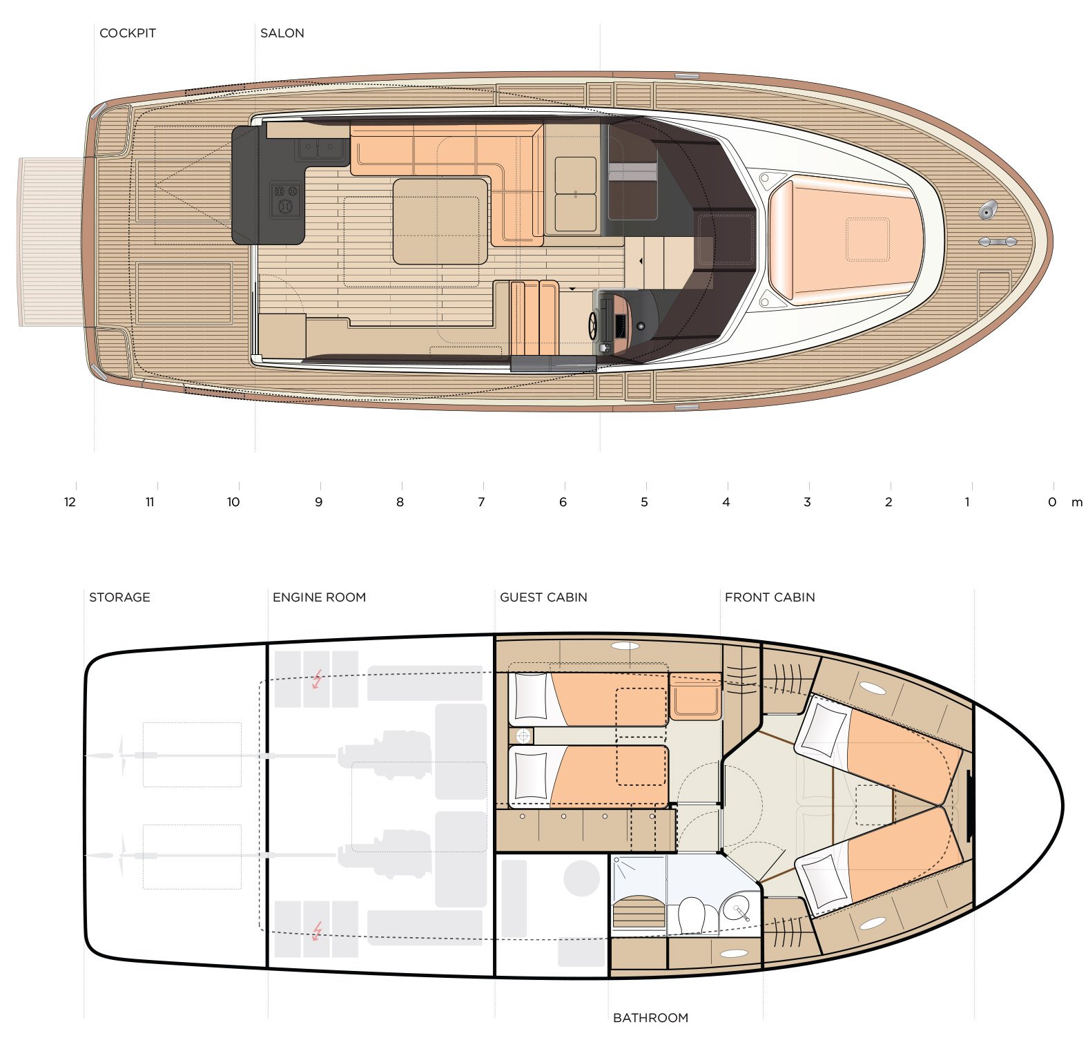 You see a graph showing the Greenline 40 twice from a bird's-eye view. In each case, a cross section is shown to show the division of the interior on each of the 2 Levels of the Boat. A classic Motor Yacht, where comfort and convenience for families comes first.