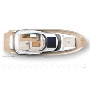 You see a graph showing the Greenline 48 Fly from a bird's-eye view. A cross section is shown to show a Option of the division regarding to the interior of the Boat.