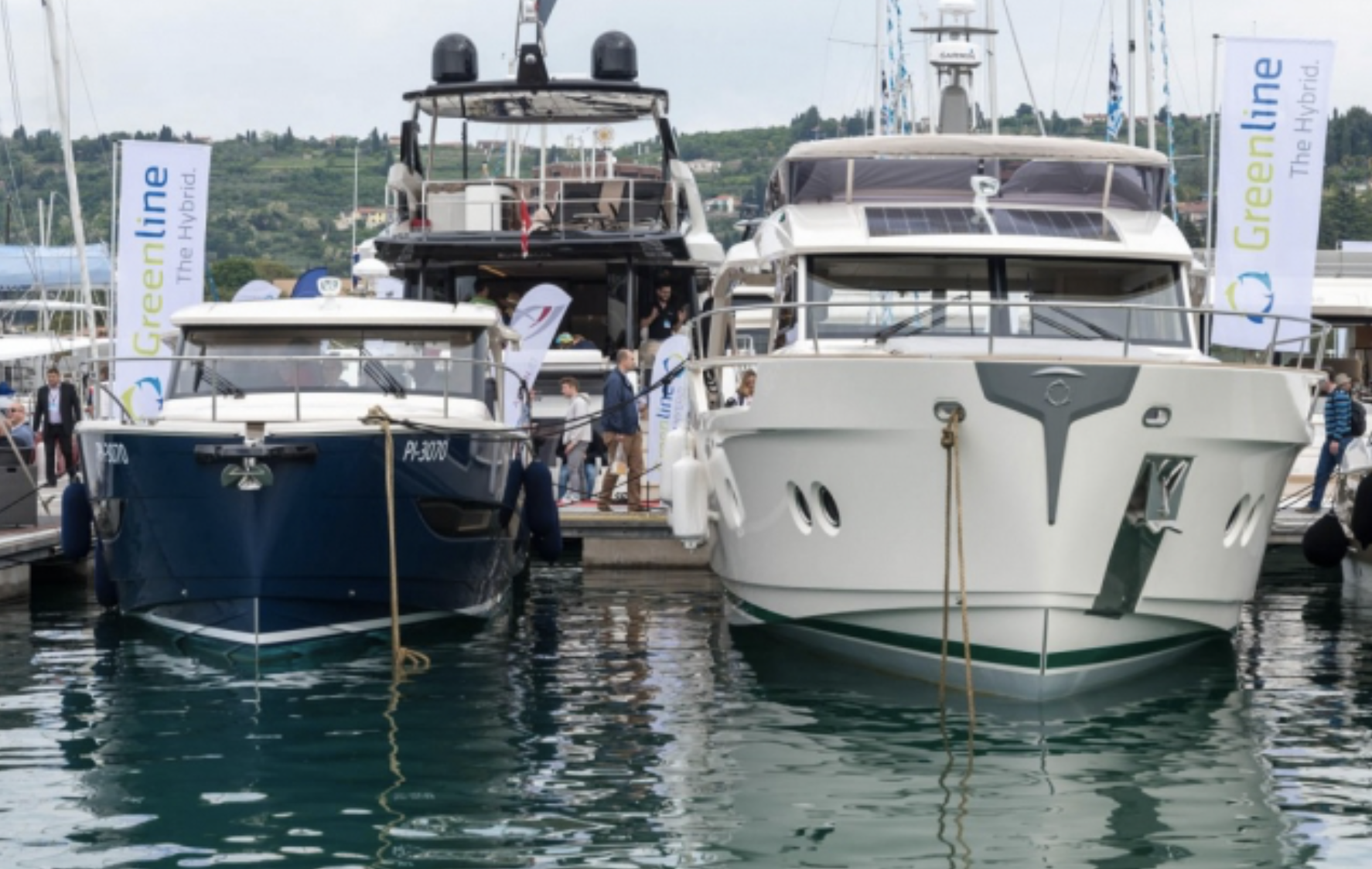 Upcoming Events – Greenline Yachts at Internautica boat show The picture shows 2 Greenline Yachts of 2 different classes in the harbour at Internautica Boat Show.
